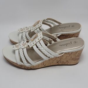 White Braided Wedge Heel Slide Sandals With Rhinestones Size 8.5 By Palms